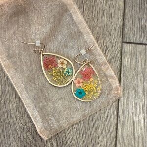 Real Pressed Floral Teardrop Earrings with Gold Accents